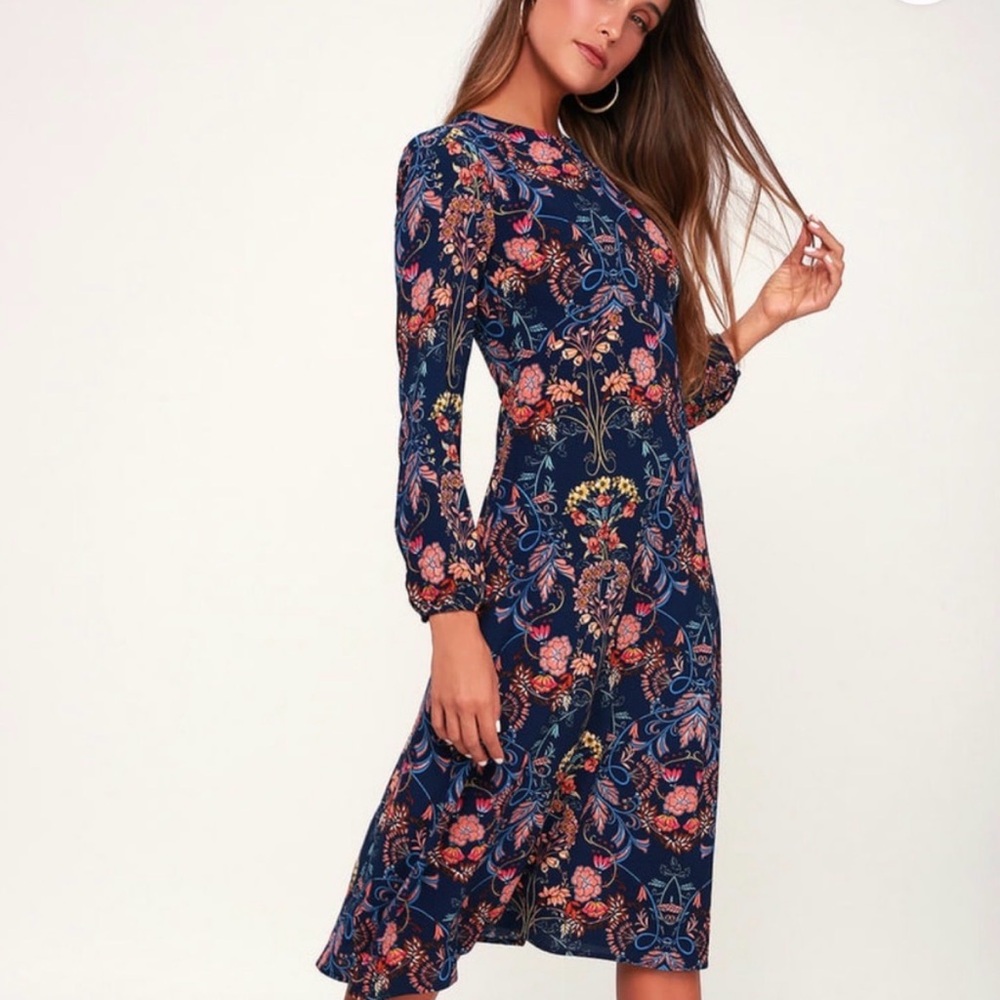 Lulus I.Madeline Navy Floral Long Sleeve Dress